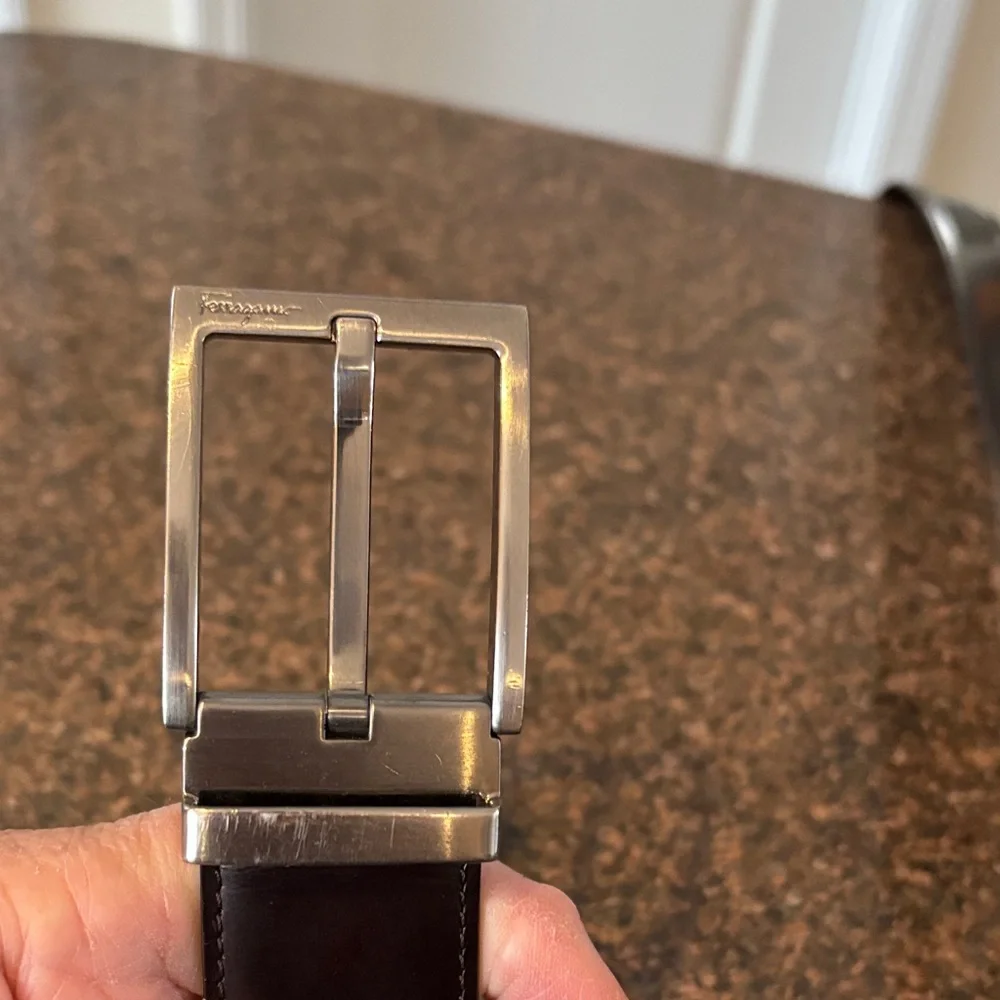 Salvatore Ferragamo Brown Black Leather Reversible Silver Buckle Belt